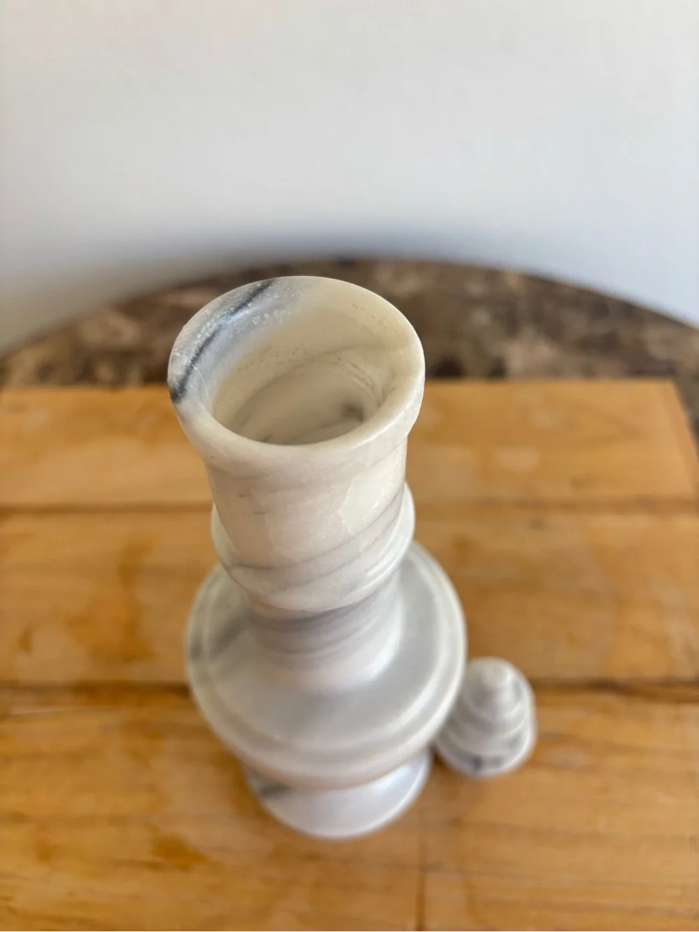 Vintage Marble Decanter Pagoda Stopper White Gray Stone Barware MCM Genie Bottle